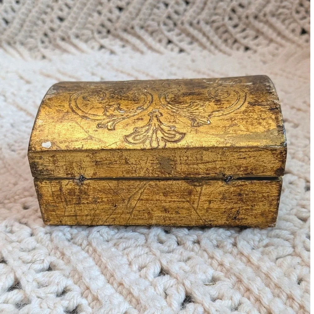 Vintage Florentine Wood Jewelry Box Gold Gilt Domed Trinket Chest Made in Italy